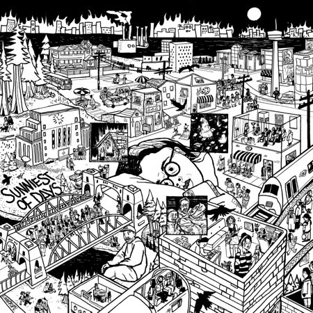 Black and white illustrated album cover for Sunniest of Days by Kimmortal. It depicts a surreal, chaotic cityscape with overlapping buildings, people, and streets. A large reclining face lies in the middle, blending into the urban sprawl, creating a dreamlike, socially charged atmosphere.