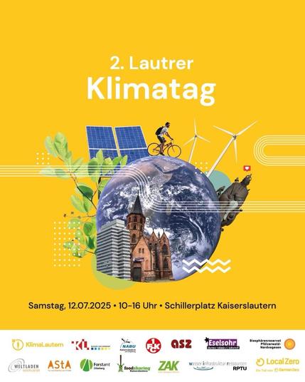A colorful promotional poster for the "2. Lautrer Klimatag" (2nd Lautrer Climate Day) featuring a globe surrounded by various environmental elements, including solar panels, wind turbines, and greenery. It includes a cyclist and landmarks.