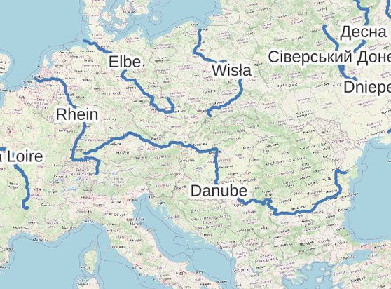 map of central europe, with a blue line for the following rivers & their names: Rhein, La Loire, Elba, Wisla, Danube