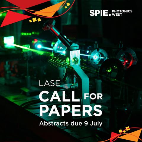Promotional image for SPIE Photonics West featuring a vibrant depiction of laser equipment with beams of light and the text "LASER CALL FOR PAPERS, Abstracts due 9 July.