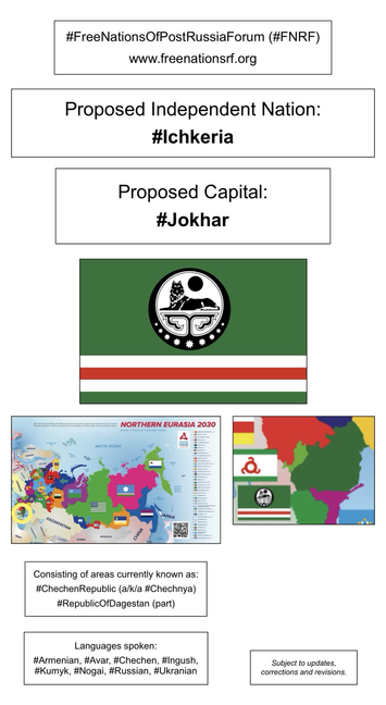 Information, flag, and maps showing proposed independent nation of Ichkeria (from the website of the Free Nations of Post-Russia Forum).
