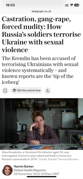 Screenshot from Telegraph.co.uk of an article about Russia's soldiers war crimes.