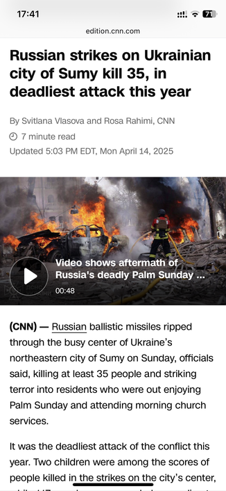 Screenshot from CNN website of an article about another Russian strike on Ukrainian city killing 35.