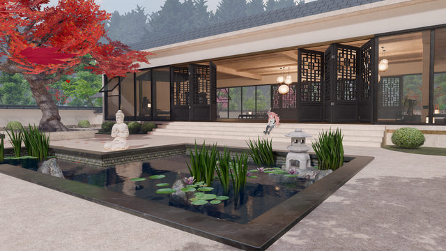 A view of the back of a house with an artificial pond and some vegetation. Short stairs lead up to Chinese-style open doors. An avatar sits on the steps looking at the pond.