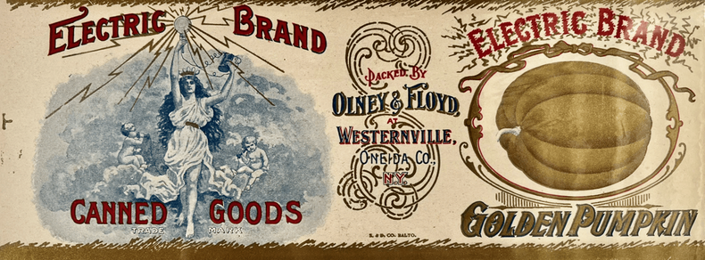 Electric Brand Canned Goods Golden Pumpkin label.

Paper label for canned pumpkin. At right is a woman in flowing Classical Antiquity style gown representing personification of Electricity, holding aloft a light-bulb from which lightning bolts flow, and in the other hand battery wired to the bulb. On clouds behind and on either side of her are two putti communicating by a very early model telephone (mouthpiece and earpiece being the same device). Text "ELECTRIC BRAND - CANNED GOODS". 

Center text "Packed by Olney & Floyd at Westernville, Oneida Co., N.Y.

S. & D. Co. Balto."

At right is an illustration of a pumpkin, with text "ELECTRIC BRAND GOLDEN PUMPKIN".
