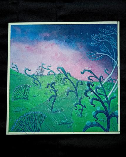 pochette d’EP faite à l’encre acrylique pour Ørdop Wolkenscheidt représentant un paysage avec des plantes dans le vent, et l’orage qui arrive au loin.
