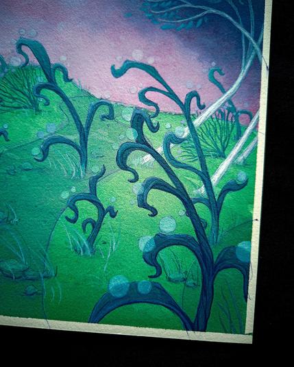 pochette d’EP faite à l’encre acrylique pour Ørdop Wolkenscheidt représentant un paysage avec des plantes dans le vent, et l’orage qui arrive au loin.