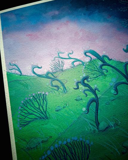 pochette d’EP faite à l’encre acrylique pour Ørdop Wolkenscheidt représentant un paysage avec des plantes dans le vent, et l’orage qui arrive au loin.