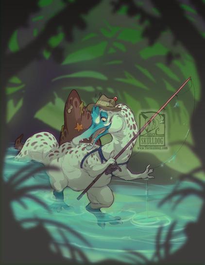 A Spinosaurus with blue footed booby coloration stands in a clear pool in a dense jungle, he wears a bucket hat with fishing lures, and holds a fishing pole.