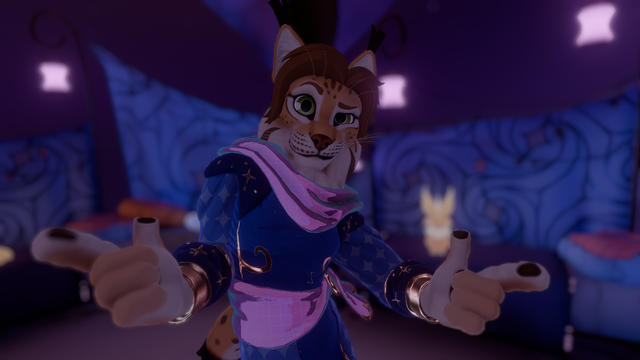 Screenshot from VRChat: Me wearing my lynx avatar with a cozy, pajama-inspired outfit for the virtual convention. Double finger guns.