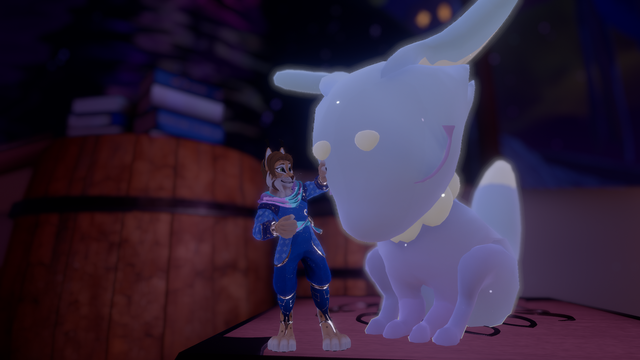 Screenshot from VRChat: Petting one of the cute Somna critters!