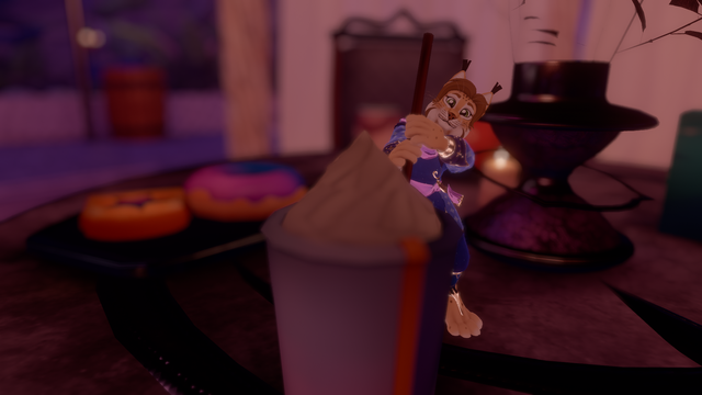 Screenshot from VRChat: Micro-Marig, peeking from behind a large milkshake, holding a straw with both hands.