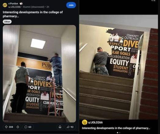 A set of two photos from Reddit r/Purdue that says, "Interesting developments in the college of pharmacy. It shows workers scraping a word-cloud mural off a wall, supporting Diversity, Equity,  Collaboration, Support, Growth, and other worthy goals.
