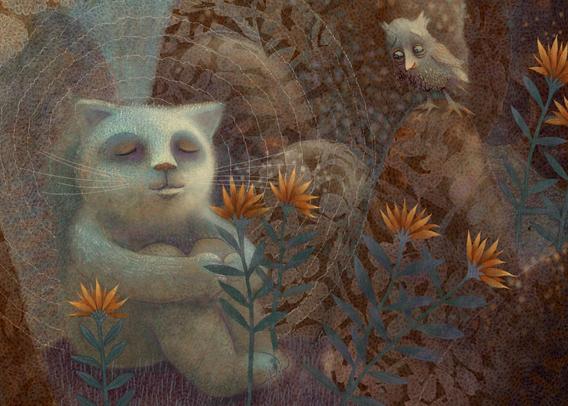 The Peaceful Garden
With eyes closed in peaceful meditation, a white cat considers the nature of life. Surrounded by a flowering tree and small hillocks of varying shades of deep umber, bright orange flowers spark in the quiet space like fire. A curious owl watches nearby and wishes that he would ask his companion about its enigmatic smile.