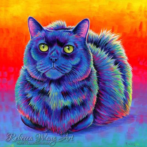 A colorful portrait of a black cat in bright rainbow colors