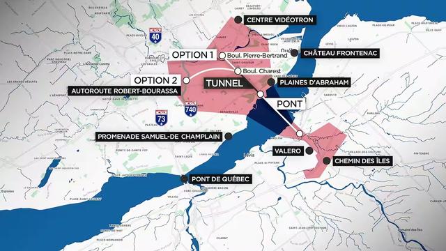 Carte du tracé proposé pour le 3e lien à Québec, dans l'axe central. Pont au dessus du fleuve, et tunnel à travers la haute ville.