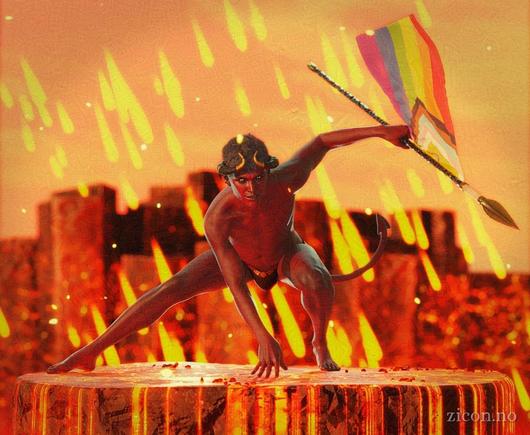 A red-skinned demon in the shape of a young man with a slim build lands on a glowing rock platform. He is nude but for a black jockstrap, and is carrying a spear in his left hand. Attached to the spear is the progress Pride flag. The demon's expression is fierce; he's not just ready for a fight, but would actively enjoy it. In the background fireballs rain down against a backdrop of dark rock formations.
