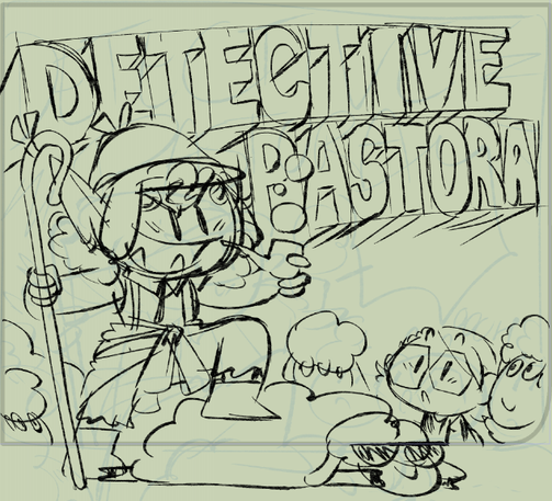 Captura de un boceto muy rápido de una mujer lobo medio cosplayada de Sherlock Holmes con un pie sobre una oveja y el rótulo Detective Pastora