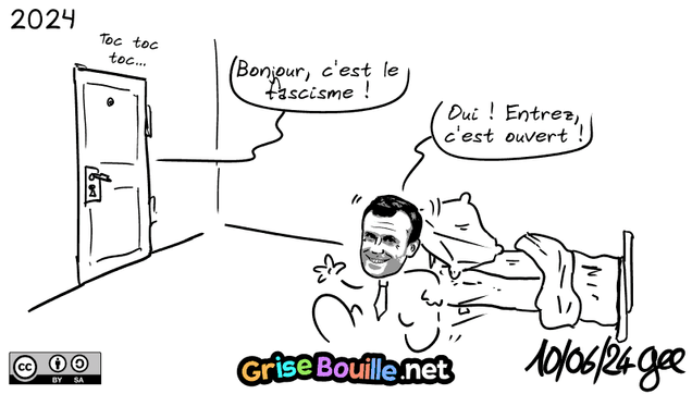2024. À la porte, on entend frapper : « Bonjour, c'est le fascisme ! » Macron se réveille d'un coup et dit : « Oui ! Entrez, c'est ouvert ! » Note : BD sous licence CC BY SA (grisebouille.net), dessinée le 10 juin 2024 par Gee.
