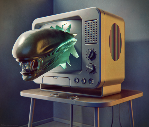 3D rendering of a retro television set with a cracked screen. An alien head is emerging from the crack.