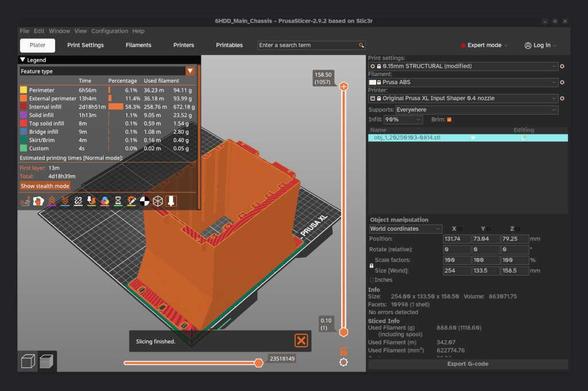 Prusa slicer screen showing how the results of the slicer operation. 4+ days of printing for the main part of the hard drive cage!