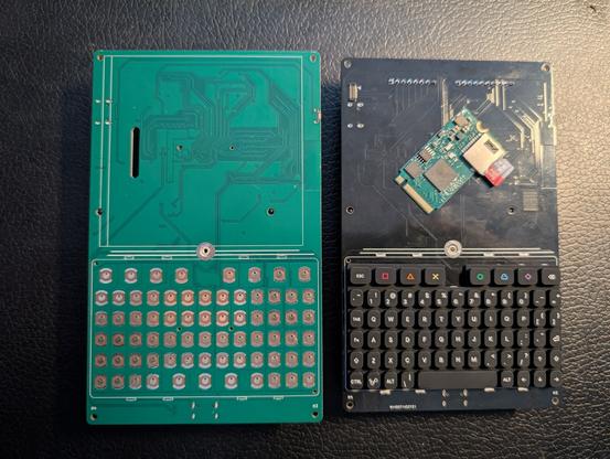 A photo of two pcbs, one green with a solder party keyboard footprint and a square outline for an lcd above it, and one black, the a silicone qwerty keypad with the Solder Party logo as one of the keys. There is also a third, smaller PCB which is an M.2 module with the ESP32-P4 chip and a microSD slot.