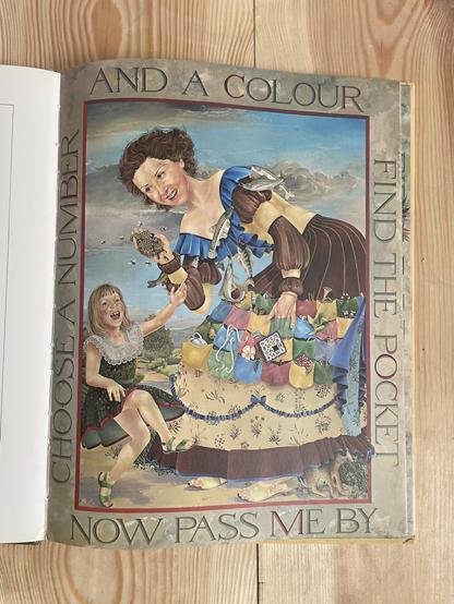 A page from the book Masquerade by Kit Williams. A woman with a pretty apron and a small girl.