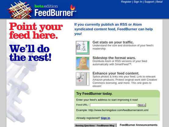 Screenshot of feedburner.com on January 27, 2005