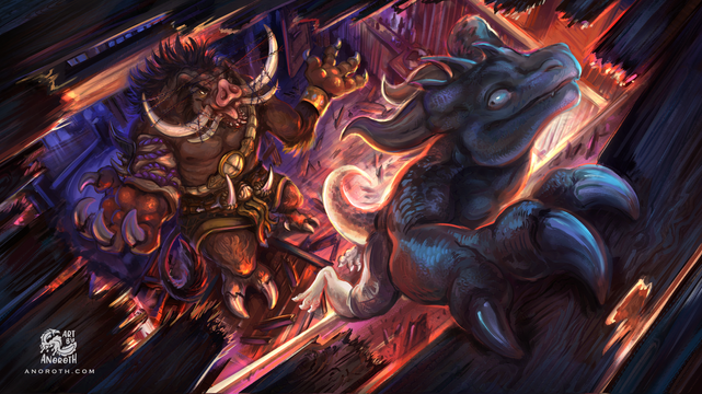 Illustration shows a top down view through a hole in a wooden house ceilling. We can see a dynamic scene where Loren the kobold assasin is running away, dramatically holding on to a beam, while a warthog is waiting downstairs with open arms as if she was about to fall into them despite her escape.