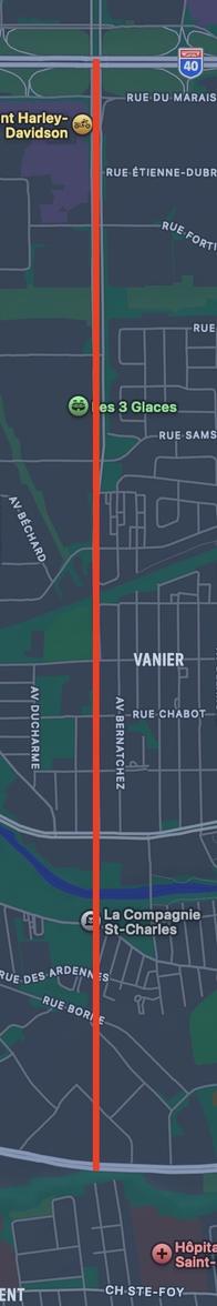 Vue de la carte (Apple Maps) d’un potentiel chemin (dessiné en annotation) reliant le boulevard Charest et Pierre-Bertrand pour accommoder une sortie d’un stupide 3e lien.