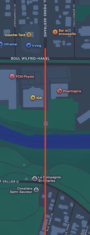 Vue de la carte (Apple Maps) d’un potentiel chemin (dessiné en annotation) reliant le boulevard Charest et Pierre-Bertrand pour accommoder une sortie d’un stupide 3e lien. Zoomé sur le secteur St-Valier/Pierre Bertrand pour voir l’impact local.