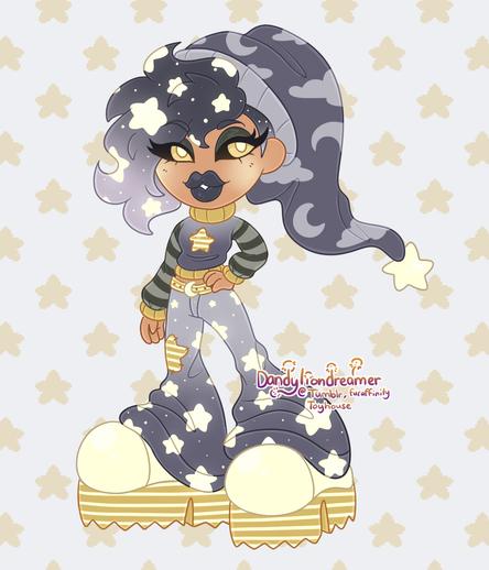 my oc nappy pappy the bratz style

she has a grey night cap with a star at the tip and moon and cloud patterns on it

her hair is grey with stars on it, her eyes are yellow and she has dark grey lipstick on

her skin is tan

shes wearing a grey sweater with green stripped sleeves and yellow accents and a yellow star in the center

her pants are grey with stars on it like her hair, and her belt is yellow stripped with a moon belt buckle, her right leg has a yellow striped star patch

her boots are pale yellow with yellow stripes on the bottoms