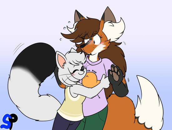 An anthropomorphic stoat by the name of Melanie, hugging a surprised and blushy maned wolf by the name of Remi.