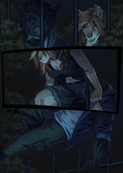 First panel of the comic shows our two characters - Boron and Fenris, looking at each other with a cunning smirk, ready to break into the back yard they were lookin at in the previous page. The second panel shows Fenris climbing over the fence, Boron lifting her up, so she can get over easier. Last panel shows Boron jumping over the fence.