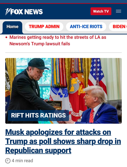 A photograph of Musk and Trump in the White House before their fall out. The accompanying text follows “Musk apologizes for attacks on Trump as poll shows sharp drop in Republican support.”