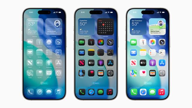 Three iPhone 16 Pro devices show the new design with Liquid Glass.