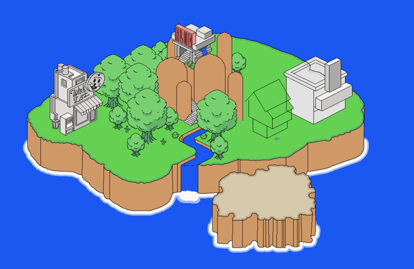 Pixel illustration of a green island in isometric view with bright colors. There are 4 main buildings as sketches and a small forest