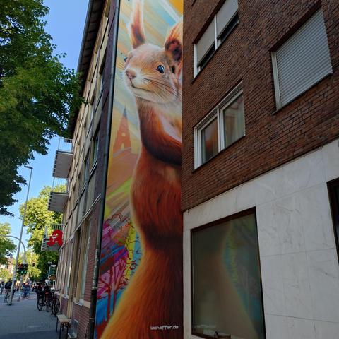 foto der wandfläche auf einem kleinen vorsprung eines hauses mit einem graffiti eines eichhörnchens über drei etagen, signiert mit dem logo der lackaffen aus münster