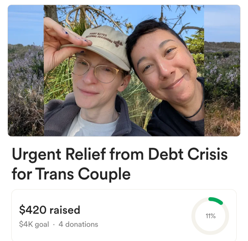 Banner of gofundme post. A picture of a white trans woman and a brown enby, heads close together. Green grass and trees in the background

Beneath the image is the title "Urgent Relief from Debt Crisis for Trans Couple"

Beneath that it shows that $420 has been raised so far out of a $4000 goal, which is 11% of the need met