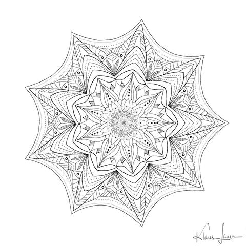 Das Bild zeigt ein Mandala, dass in Schwarz-Weiß gehalten ist.