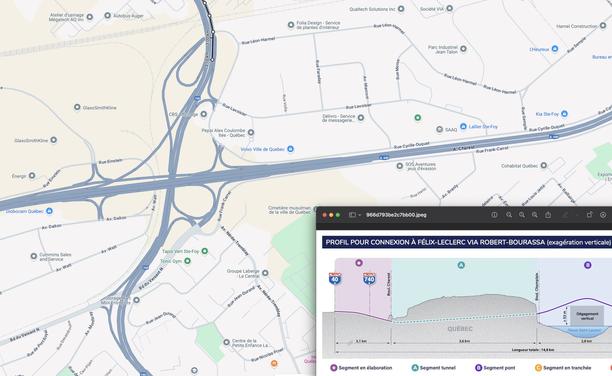 Position approximative du 3,1km (mesuré à partir de l’autoroute 40) et carte du secteur où une possible sortie de l’inutile 3e lien va causer une tonne de traffic.