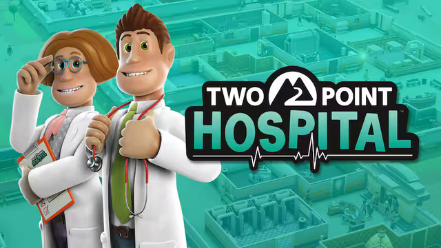 Affiche de Tho Point Hospital.
On voit sur la gauche deux docteurs en blouse blanche dans un style 3D cartoonesque qui regardent l'observateur en souriant et le logo du jeu sur la moitié droite de l'écran.
En fond, une vision d'un hôpital en vue isométrique dans une tonalité monochromatique verte qui rappelle les équipements hospitaliers.