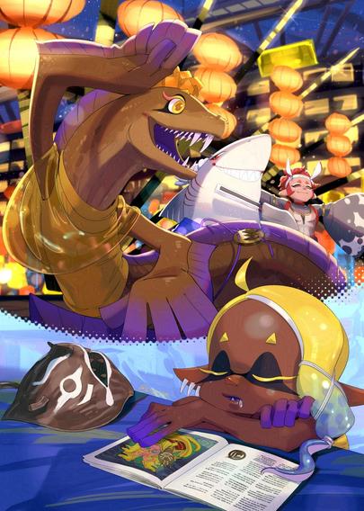 fanart of splatoon 3. Frye, a squid person, is asleep while reading a book about eel legends. In her dream she is a dancing eel performing on a night festival stage with her friends a giant shark and shirtless dude with manta ray pattern arm warmers.