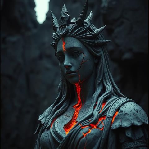The statue of a princess or a goddess is cracking, revealing something like lava inside...