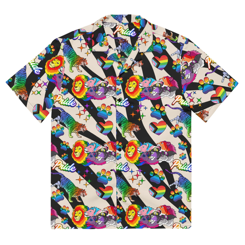 Button up shirt featuring art of a pride of lions in various pride flag colors, a rainbow tiger, rainbow paw prints, hearts featuring the progress pride flag, and Pride written in a rainbow, Barbie-esque font. The background is back and white stripes.