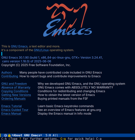 Pantalla de arranque (splash screen) de Emacs 30.1.90