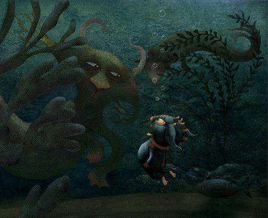 Deep under the lake, a little blue monster tries to carry on a conversation with another creature. Surrounded by
under water plants and fish and another watching swimmer in the distance.