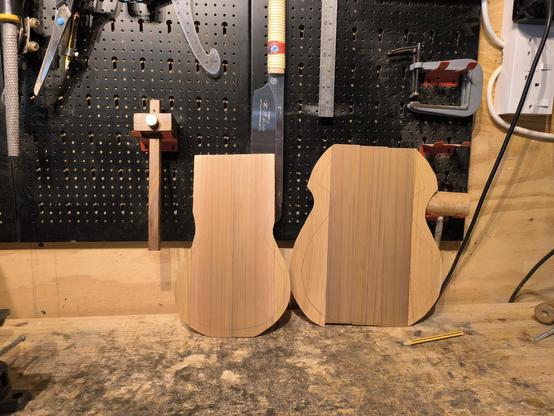 Two small soundboard blanks jointed up. They have cool stripes of different colours.