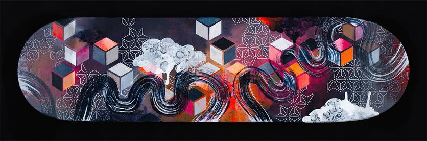 a skateboard deck painted with geometric patterns, cloudlike forms and swooshy brushstrokes in dark blues, white and neon pink and orange.