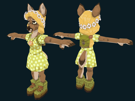 T-posing lowpoly character model of an anthro doe, with a green dress, big hiking boots, and backpack.